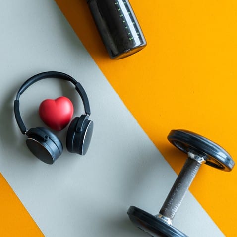 Dumbbell, Headphones, Water Bottle and Heart-Shaped Stress Ball