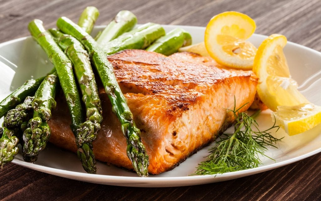 Grilled Salmon with French Fries and Asparagus